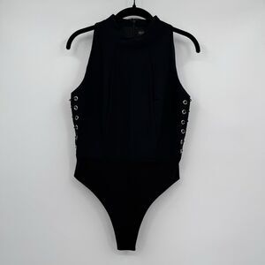 MISHA Collection Black Lace Up Corset Bodysuit Womens Medium High Neck Stretch